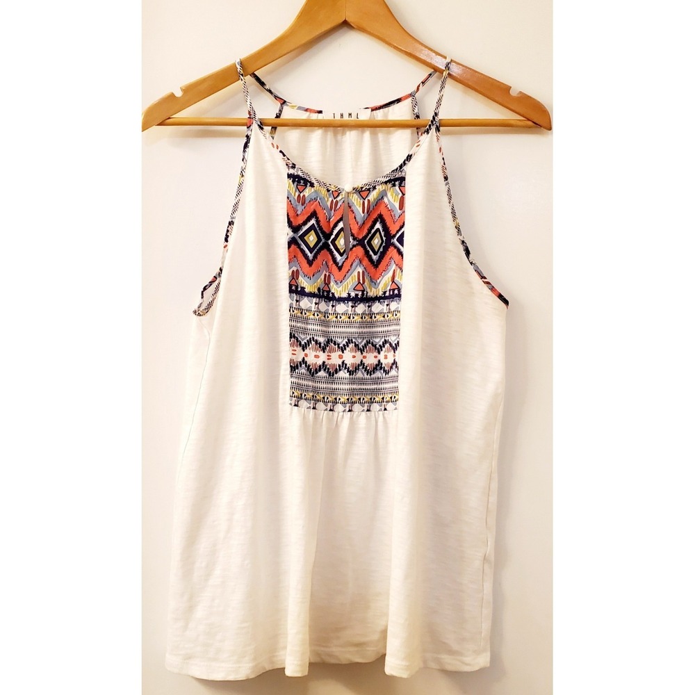 THML Cami Tank Top L White Navy Coral Ikat Accent Keyhole Cot/Pol/Ray Sleeveless
